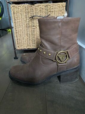 GUESS Brown Leather Ankle Harness Boot with Brass Logo Accent